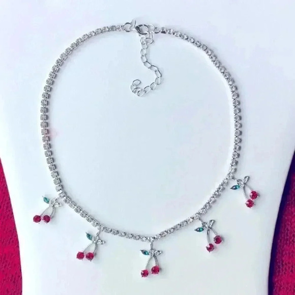 Silver Rhinestone Cherry Choker Necklace NWT - Picture 2 of 3